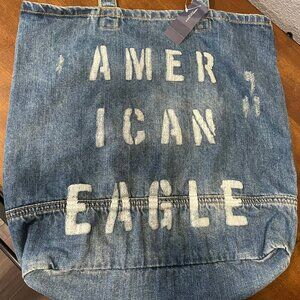 American Eagle Denim Tote shopping Bag Distressed blue jean fabric NEW WITH TAGS